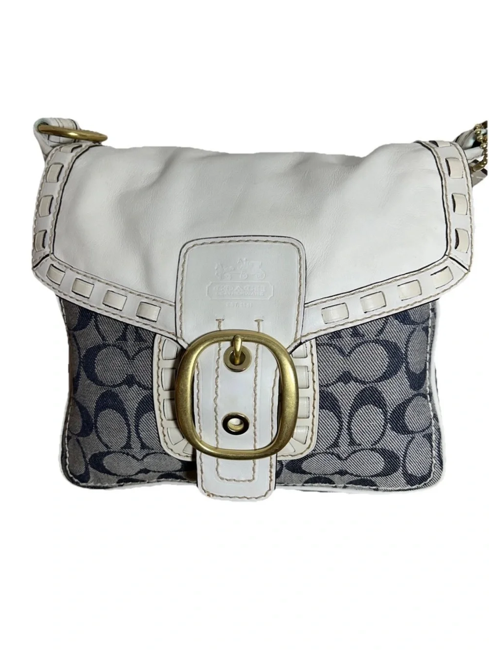 Coach Legacy Shoulder Bag, Signature Blue Denim, White Laced Leather/Trim, Brass